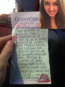 Waitress delivers excellent customer service by picking up firefighter's check